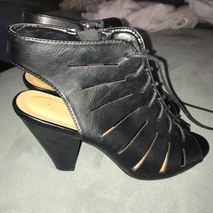 Black faux leather lace up wedge heel
